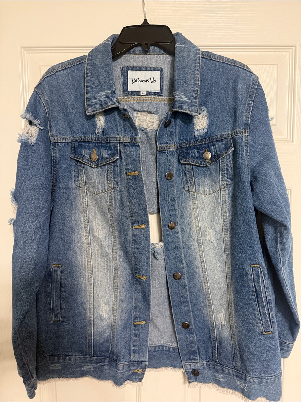 Between Us Women's Faded Blue Distressed Denim Jacket